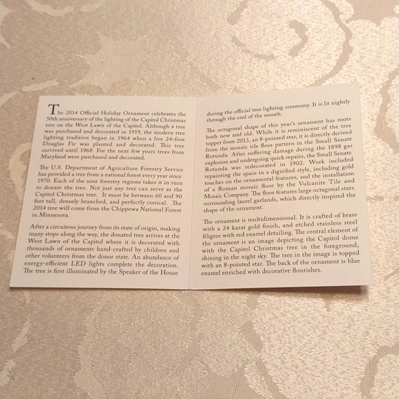 2014 Official US Congressional Holiday Ornament 24K Gold 8 Pointed Star Booklet - Picture 5 of 7